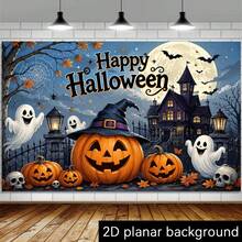 2D Halloween Theme Party Banner Background, Featuring Pumpkin Lantern, Ghost, Haunted House, Bat, Full Moon Elements, Suitable For Home Gathering, Outdoor Party, Studio Decoration, Holiday Gift, Fits Holiday Style - 1 - View 4