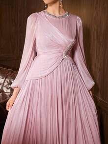 Elegant Pink Evening Gown With Rhinestones, Long Bishop Sleeves, Flared Skirt, Round Neck Formal Dress - Baby Pink - View 11
