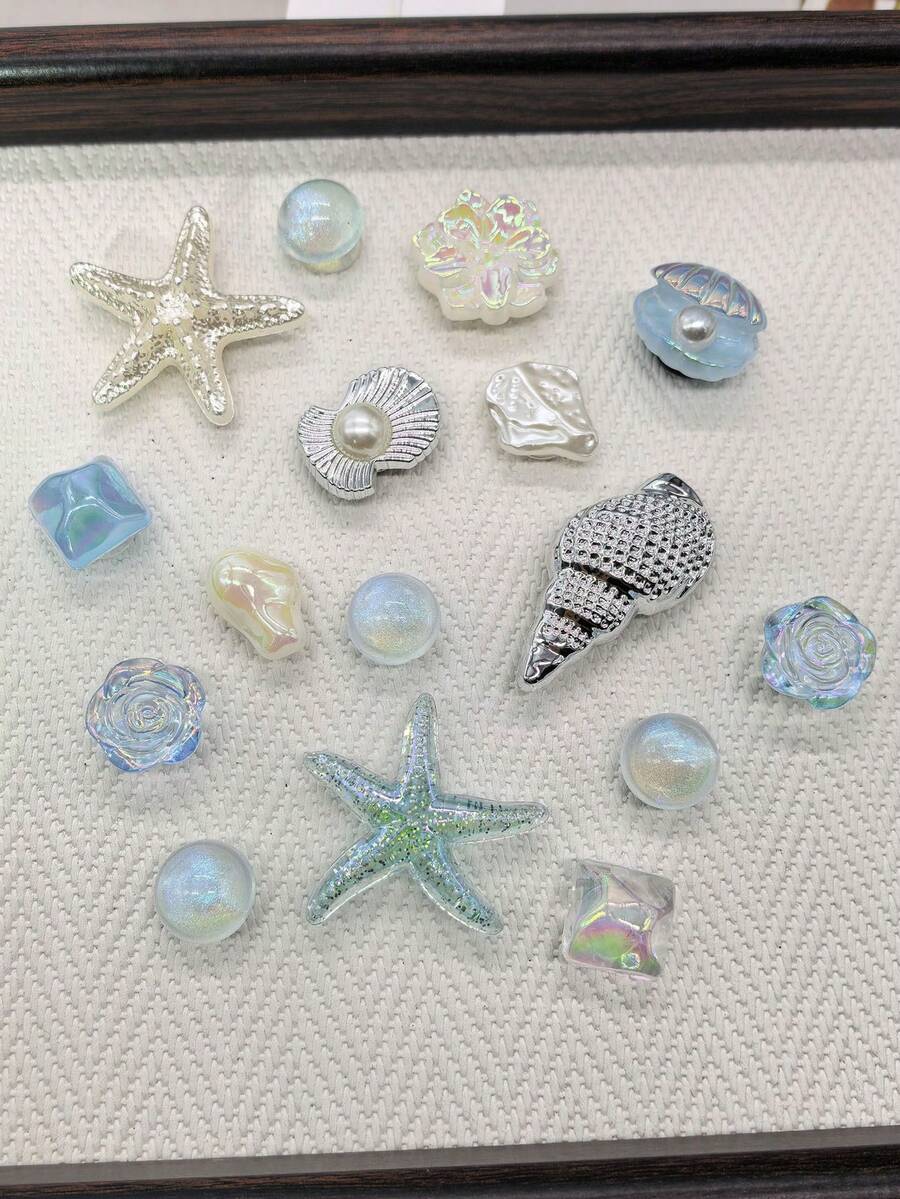 16件海洋海星ABS鞋飾，沙灘貝殼海螺洞洞鞋扣，DIY裝飾亮面花朵仿珍珠鞋夾配件