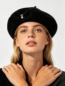 1pc Women's Wool Beret Hat With Inner Binding And Woman Portrait Design, Pearl & Metal Decor, Warm & Cold-Proof For Autumn/Winter, Fashion Casual Minimalist Daily Hat - Pearl Metal Pendant - View 5