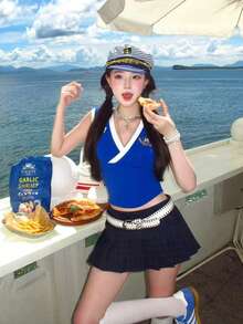 Blue Stripe Navy Cap, Summer Seaside Vacation Style, Large Brimmed Hat For Women, Sun Protection, Sunshade, Sailor's Cap. - Multicolor - View 8