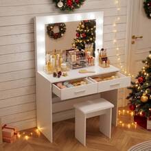 White Dressing Table Set With LED Lights Mirror, Vanity Makeup Table 2 Large Drawers And Stool - 白色 - 查看 9