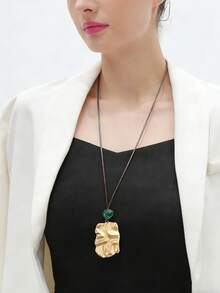 1pc Bohemian Style Exaggerated Bold 3D Textured Square Pendant With Quality Round Bead Necklace, Artistic Minimalist Wax Cord Long Sweater Chain, Niche Aesthetic Accessory, Christmas Halloween Gift For Best Friend, Girlfriend, Mother, Holiday Gift - Wax Rope - View 7