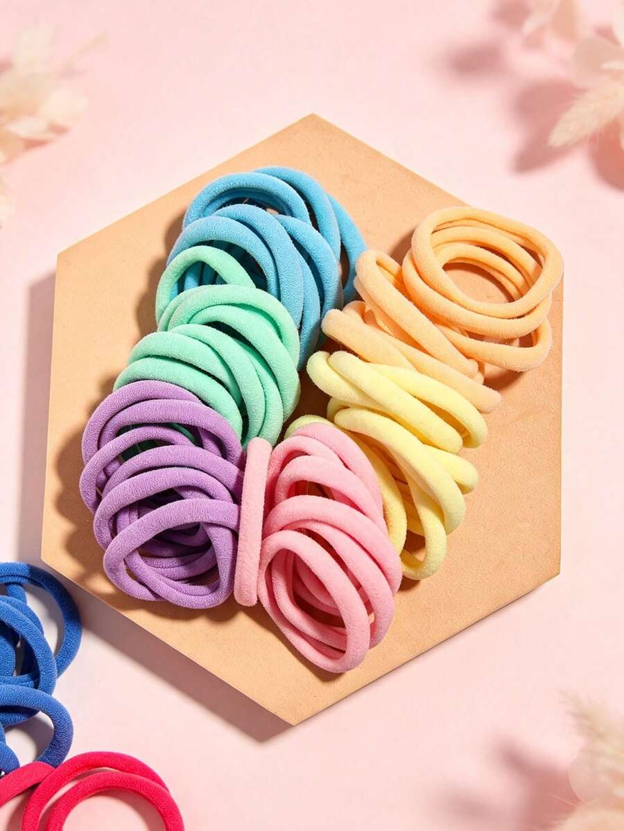 50入馬卡龍色軟彈髮圈,簡約純色無縫髮帶,日常造型不傷髮基礎髮飾 - 彩色 - 查看 1