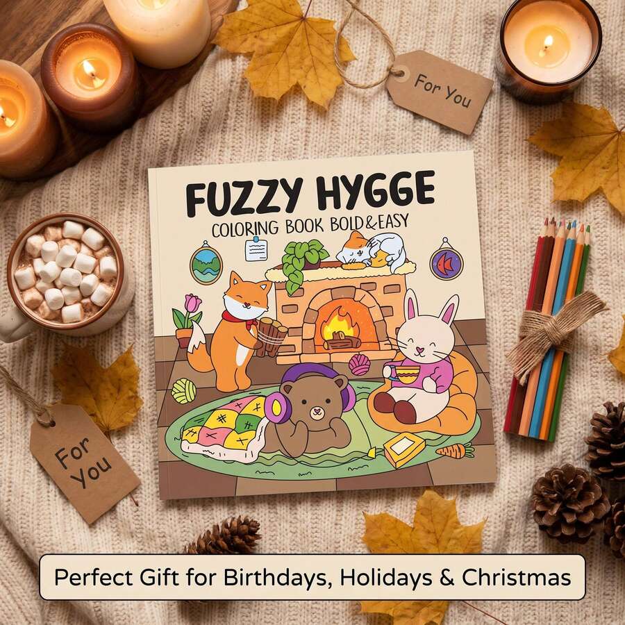 Fuzzy Hygge Bold & Easy Coloring Book 40 Pages, Kawaii Cute Animals Cozy Scenes, Stress Relief Activity For Kids Adults & Teens, Birthday Gift - Multicolor - View 1
