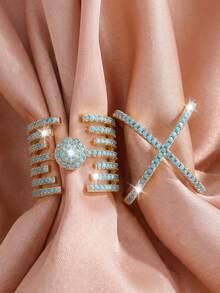 2pcs Fashion New Blue Turquoise Gold-Plated X-Cross Multi-Layer Geometric Open Ring Set - 2 Rings- - View 6