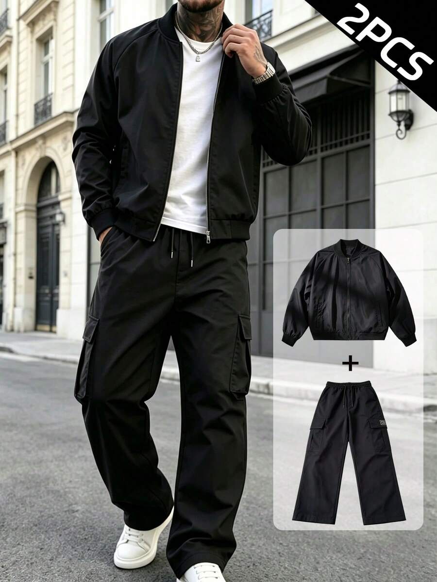 Men's Spring/Autumn Baseball Jacket & Cargo Pants Set - Black - View 1