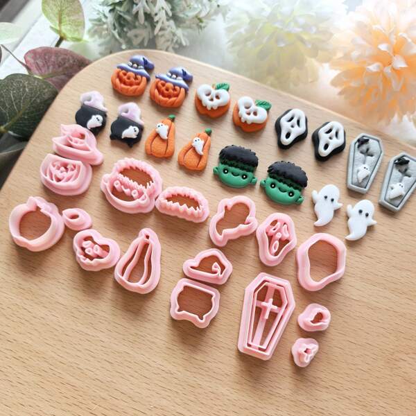 Juego de Cortadores de Arcilla con Temas Surtidos Espeluznantes, Moldes DIY Hechos a Mano para Pendientes con Diseños de Calabaza, Fantasma, Ataúd, Calavera y Rosa