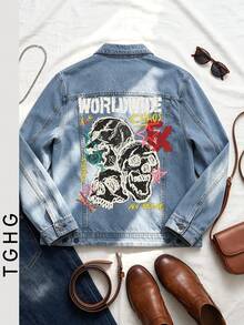 Direct Spray Y2K Light Blue Denim Jacket, Back Decorated With Skull Pattern And "WORLDWIDE CHAOS" Graffiti Print - Light Denim Blue - View 3