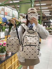 3件組背包套裝，大背包 + 斜挎包 + 零錢包，蝴蝶結圖案，柔軟布料，可調節肩帶，大容量，適合校園日常通勤 - 白色 - 查看 5