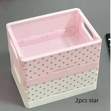 1/2pcs Cute Polka Dot Foldable Desktop Storage Baskets, Stackable Plastic Desktop Storage Buckets With Handles, Multi-Functional Stationery Cosmetics Small Card Storage Boxes, Suitable For Bedroom Office Fan Merchandise - A - View 14