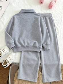 Tween Girls' Fashion Minimalist Letter Embroidered Half-Zip Polo Collar Sweatshirt With Loose Wide Leg Pants, 2-Piece Set For Autumn/Winter Daily Wear - Grey - View 3