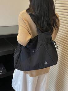 Solid Color Large Capacity Nylon Fabric Shoulder Tote Shopping Bag, Multi-Pocket Design, Mother's Day Gift For Mom, Commute Travel Minimalist Fashion Versatile - Black - View 4