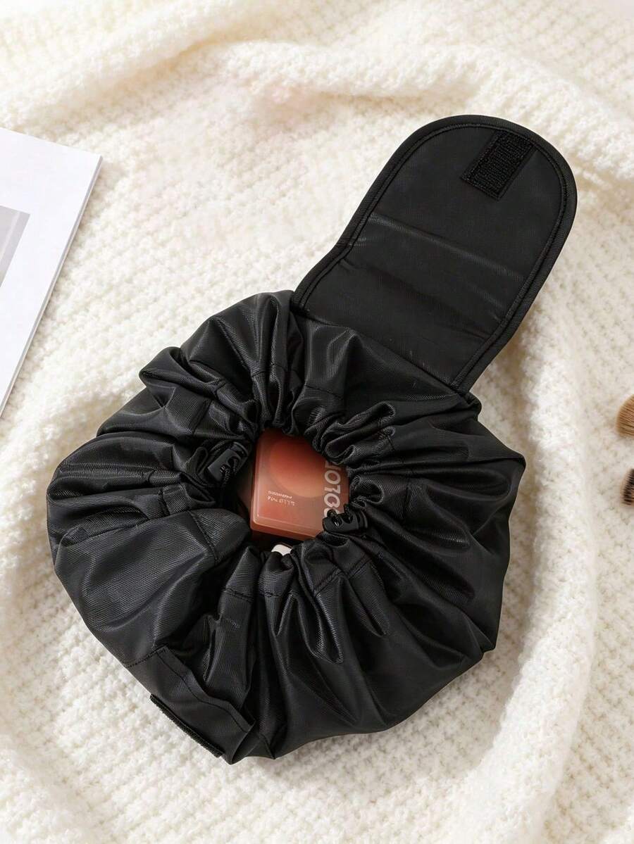 Tas Kosmetik Serut Longgar, Tas Kosmetik Perjalanan Portabel Kapasitas Besar, Tas Penyimpanan Tahan Air Buka/Tutup Cepat, Organizer Perlengkapan Mandi Wanita - Hitam - View 1
