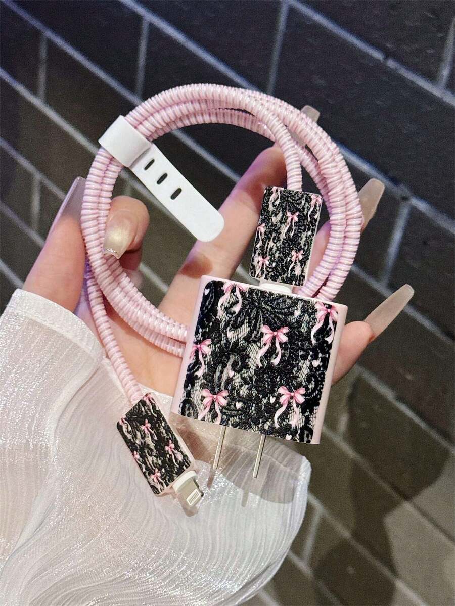 5-In-1 Lace Bow Pattern Charging Adapter Protector Case Set, Compatible With Apple 20W/18W Charger, Compatible With Iphone 16 Pro Max/15/14/13/12/11, Dust-Proof And Anti-Drop, Minimalist Premium Design - Multicolor - View 1
