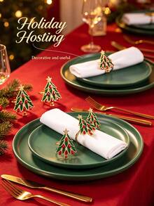 4pcs Christmas Tree Design Napkin Rings With Red Diamond And Enamel Decoration, Suitable For Birthday, Wedding, Thanksgiving, Christmas, Easter, Halloween, Banquet, Buffet Table Exquisite And Minimalist Decor - Multicolor - View 4