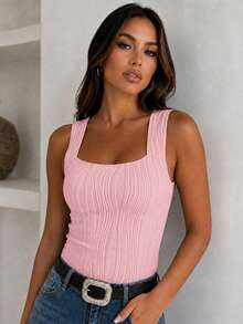 ChicMe Women's Square Neck Textured Sleeveless Top, Fitted Casual Daily Wear, Fashionable Versatile All-Match Summer - Pink - View 1