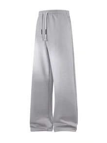 Men's Minimalist Solid Color Wide Leg Sweatpants With Woven Drawstring Design, Thin Fleece Lining, Elastic Waist, Casual Commuter Sports Pants - Light Grey - View 3