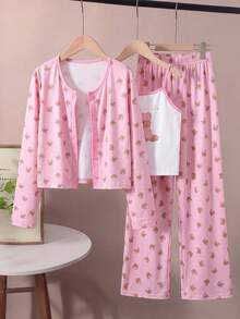 Girls 3Pcs Cute Bear Print Pajama Set,Long Sleeve Button‑Up+ Bear Graphic Cami Top + Elastic Waist Wide Leg Pants,Soft Sleepwear For Tween Girl Home Wear - Pink - View 4
