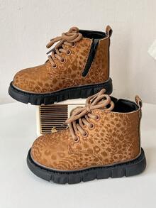 Kids' Dark Leopard Print Ankle Boots, Round Toe Anti-Collision Lace-Up Design, Versatile British Style Boots For Outdoor Wear - Black - View 8