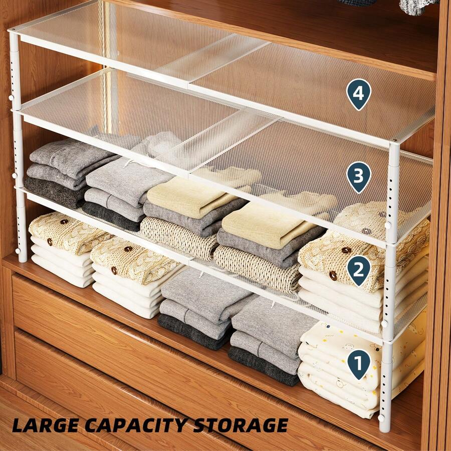 1 cái kệ lưu trữ tủ quần áo xếp chồng, ống kim loại + lưới nhựa, kệ ngăn tủ phong cách tối giản hiện đại, rỗng thoáng khí, thiết kế xếp chồng mở rộng tự do, chịu lực tốt, công cụ tiết kiệm không gian cho tủ quần áo và phòng ngủ - trắng - Xem 1
