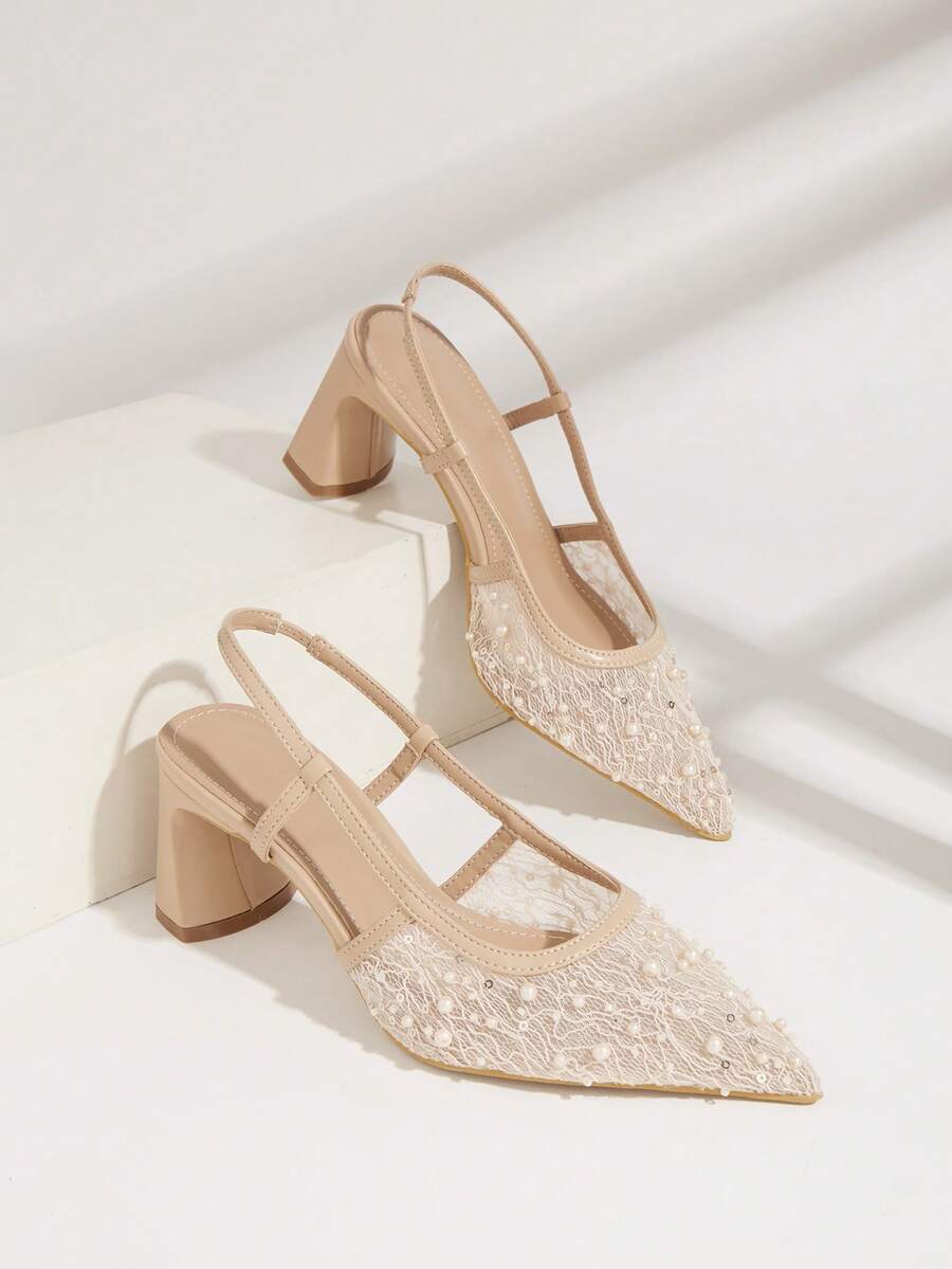 Women's Red Pointed Toe Closed Toe Diamond Lattice Mesh Breathable Woven Hollow Out Luxury Chunky Heel High Heel Sandals - Apricot - View 1