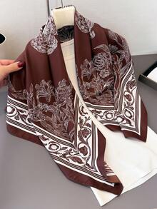 1pc Fashionable Women's Contrast Color Versatile Printed Polyester Scarf Square - Coffee - View 5