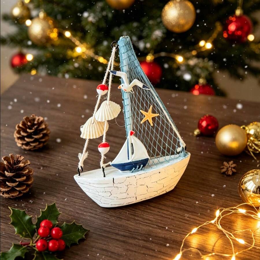 1pc Ocean Style Shell Cracked Boat Ornament, Creative Wooden Sailboat Model Small Decoration, Creative Decorative Craft, Desktop Ornament (Handmade Products May Have Slight Flaws, But They Do Not Affect Use) - Multi-color - View 1