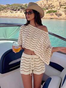 Women's Summer Fall Fashion Hollow Crochet Knit Asymmetrical Shoulder Top And Casual Shorts Two Pieces Set Vacation Beach - Multicolor - View 1