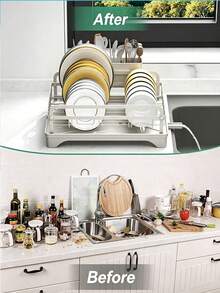1 Piece Kitchen Countertop Dish Rack, Metal Tableware Storage Rack With Drip Tray And Chopstick Holder, Household Dish Organizer. - Grey - View 6