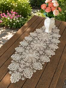 1件蕾絲刺繡桌旗，波浪邊裝飾，聚酯纖維布料，刺繡花卉圖案橢圓形桌巾，適用於餐廳、客廳桌面、櫥櫃裝飾 - 香檳色 - 查看 4
