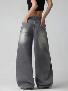1pc Women's Casual Loose Fit Gray Printed Denim Wide Leg Jeans, Comfortable All-Match Streetwear Style Jeans (Belt/Accessories Not Included) Fall - Light Grey - View 2