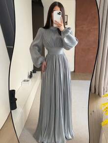 Women's Solid Color Long Sleeve Woven Full Body Lined Ruched Waist Back Tie A-Line Sexy Elegant Wedding Party Dress - Light Grey - View 1