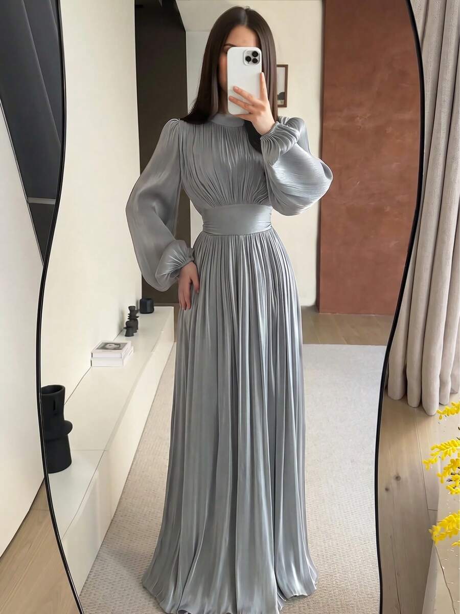 Women's Solid Color Long Sleeve Woven Full Body Lined Ruched Waist Back Tie A-Line Sexy Elegant Wedding Party Dress - Light Grey - View 1