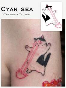 1pc Fun Funny Anime Laser‑Eye Cat Pattern Temporary Tattoo Sticker, Realistic Fake Tattoo Design, Suitable For Daily, Bachelorette Party Favors, Music Festivals, Games, Graduation Gifts, Lasts 3‑5 Days - Multicolor - View 1