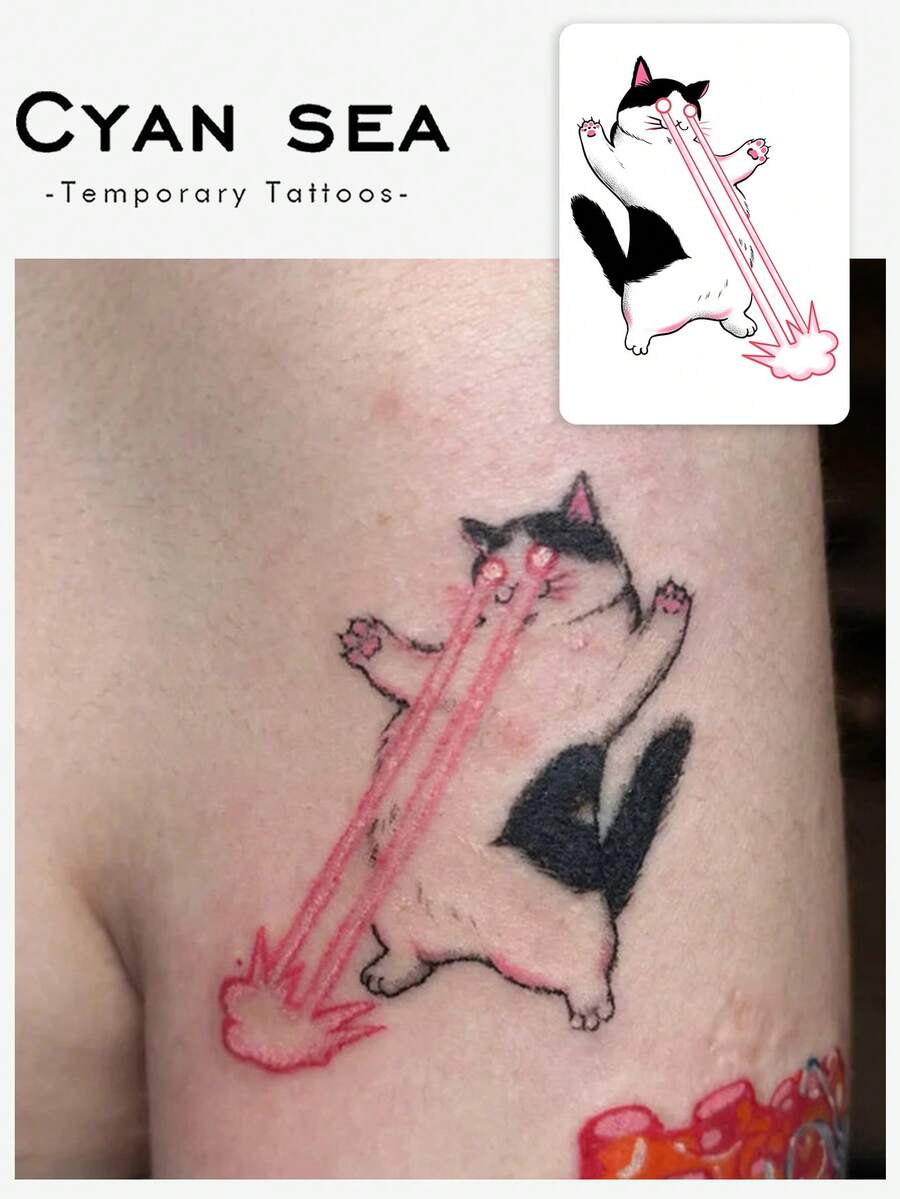 1pc Fun Funny Anime Laser‑Eye Cat Pattern Temporary Tattoo Sticker, Realistic Fake Tattoo Design, Suitable For Daily, Bachelorette Party Favors, Music Festivals, Games, Graduation Gifts, Lasts 3‑5 Days - Multicolor - View 1