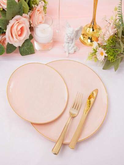50/20/10pcs Transparent Gold Rim Plates, 7.5 Inch/10.25 Inch Reusable Plates, Food Trays, Fruit And Snack Plates, Dessert And Salad Plates, Multi-Functional Tableware Suitable For Parties, Weddings, Birthdays, Picnics, Holiday Events, Easy To Clean