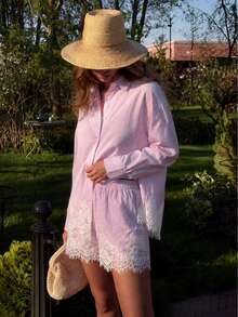 Women'sStriped Lace Shirt And Shorts Set, Lapel Collar Button Drawstring Design, 2-Piece Summer Set, Autumn Commute Outfit, Holiday Wear, Street Style - Pink - View 6