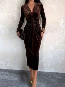 Unadoll Women Fall‑Winter Brown Velvet Midi Dress, Elegant Ruched Bodycon Long Sleeve Dress, Chic Outfit For Party, Date Night & Homecoming - Coffee - View 2