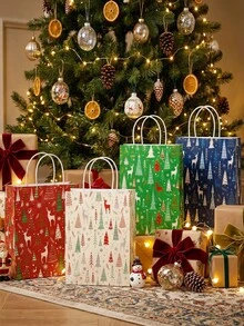 4pcs/Set Winter Christmas Gift Bags, Forest Deer & Mini Christmas Tree Print, With Handle, Christmas Paper Tote Bags, Christmas Holiday Gift Packaging Paper Bags, Party Favors, Merry Christmas Home Decor, Christmas Decoration, - Multicolor - View 3