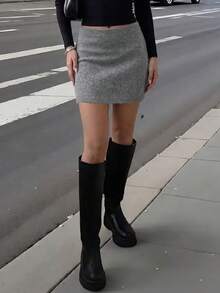 Nicenter Women's Fall Winter 1 Piece Dark Grey Wool Blend Bodycon Mini Skirt, Chic Quiet Luxury For Office, Commute, Vacation & Going Out - Grey - View 1