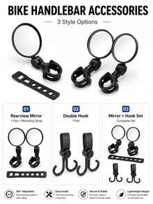 3-Piece Bicycle Handlebar Accessories, 360° Rotating Rearview Mirror, 360° Rotating Bicycle Rearview Mirror & Double Hook Set, Adjustable Handlebar Rearview Mirror With Storage Hook, Suitable For Bicycle, Electric Bicycle, Scooter, Cycling And Outdoor Accessories - Multicolor - View 7