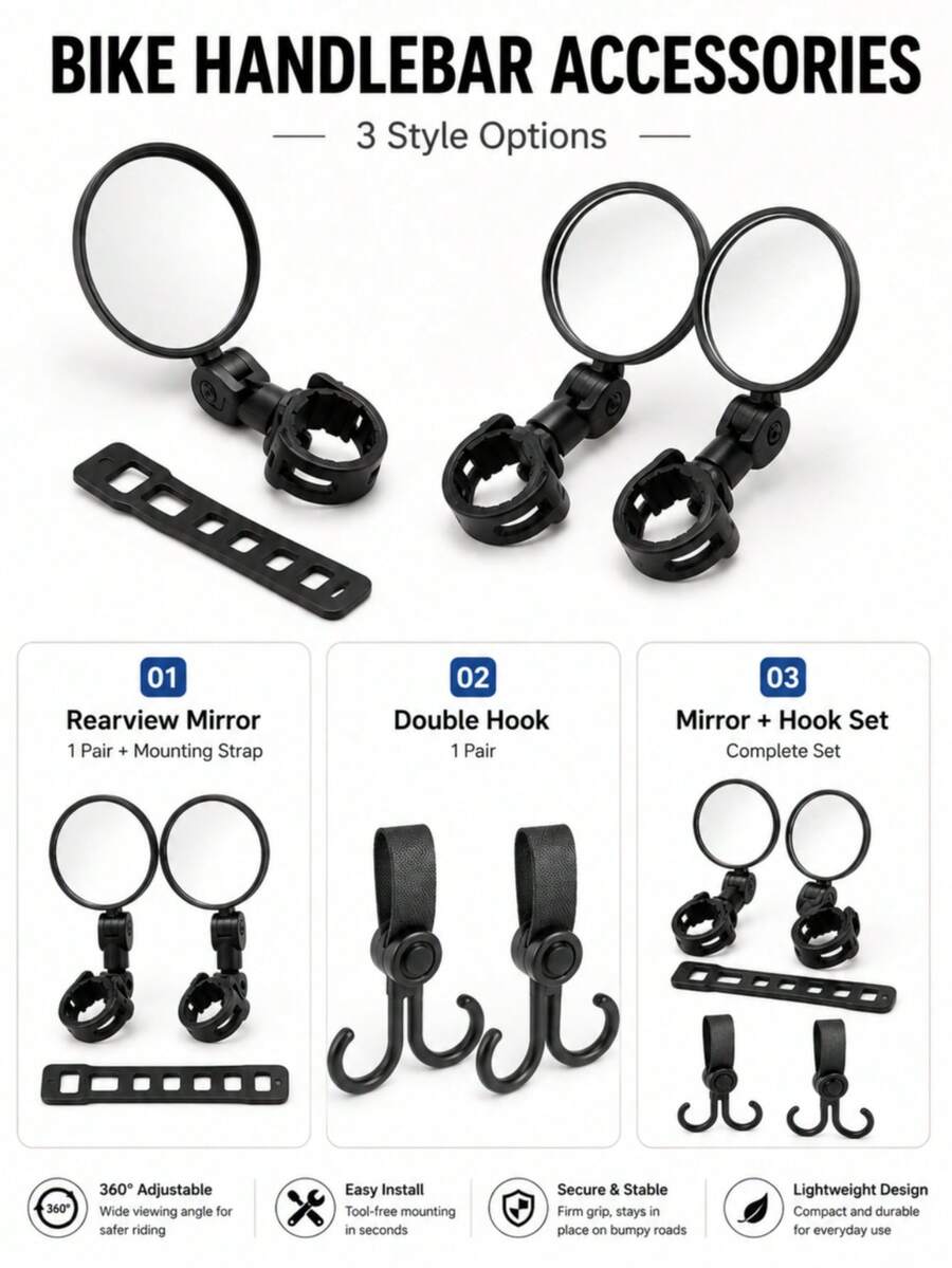 3-Piece Bicycle Handlebar Accessories, 360° Rotating Rearview Mirror, 360° Rotating Bicycle Rearview Mirror & Double Hook Set, Adjustable Handlebar Rearview Mirror With Storage Hook, Suitable For Bicycle, Electric Bicycle, Scooter, Cycling And Outdoor Accessories - Multicolor - View 1