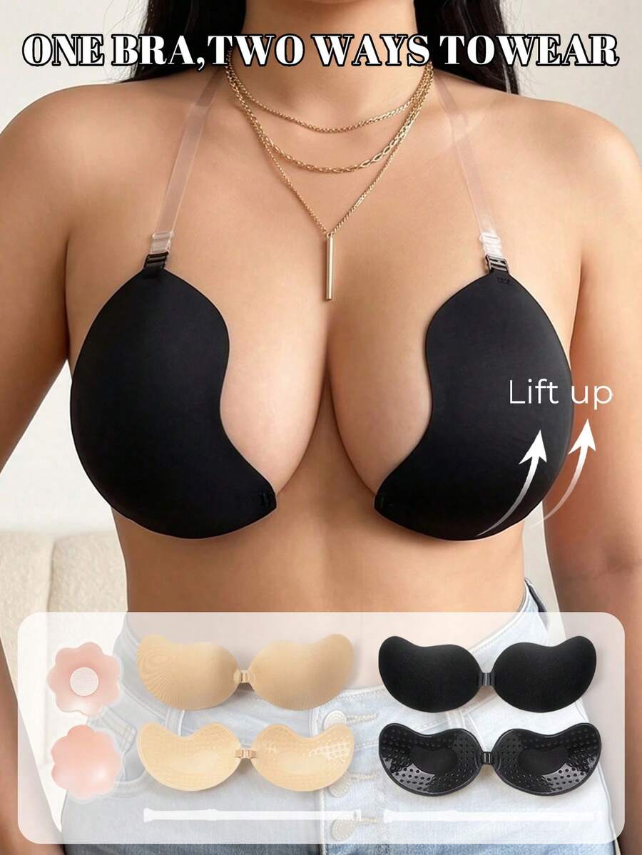 1 Pair Mango Color Push-Up Self-Adhesive Bra, Invisible Strap Design, Front Closure Design, Provides Breast Support, Comfortable And Reusable, Suitable For Swimsuits, Bikinis And Deep V Outfits Includes 1 Pair Of Silicone Flower Nipple Covers