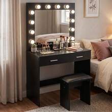 White Dressing Table Set With LED Lights Mirror, Vanity Makeup Table 2 Large Drawers And Stool - Negro - Ver 6