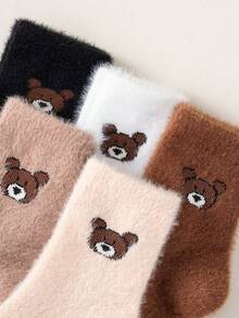 5 Pairs Cute Bear Kids Mid-Calf Socks, Warm & Soft, Earth Tone, Winter Toddler Warm Socks - Multicolor - View 5