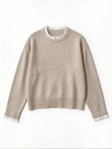 Sweater Rajut Leher Bulat Wanita Musim Semi/Gugur, Lengan Panjang dengan Manset Berenda, Atasan Rajut Pendek Serbaguna untuk Aktivitas Sehari-hari dan Kasual - Khaki Muda - View 10