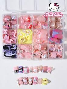 Sanrio Hello Kitty 288片/組（12款混色）短方型 3D 凝膠豹紋法式美甲貼片，附可愛 Hello Kitty、Kuromi、Pompompurin、星星、愛心、蝴蝶、蝴蝶結、珍珠與水鑽裝飾，完美貼合假指甲組 - 彩色 - 查看 4