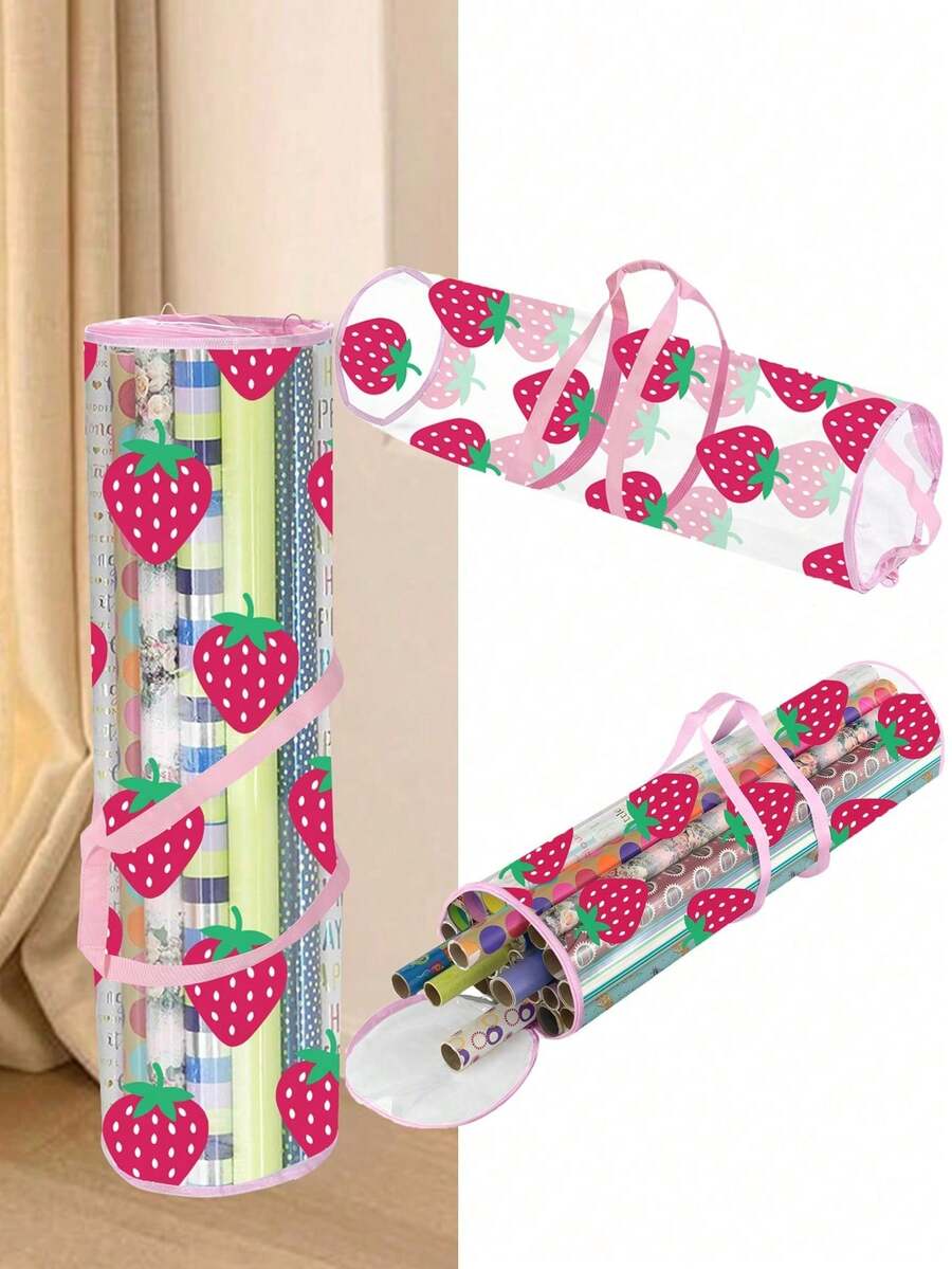 1pc Strawberry Print Transparent PVC Wrapping Paper Storage Bag, Portable Handheld Cylindrical Gift Wrapping Paper Organizer Box, Christmas New Year Holiday Gift Wrapping Paper Home Storage Rack - Strawberry Print - View 1
