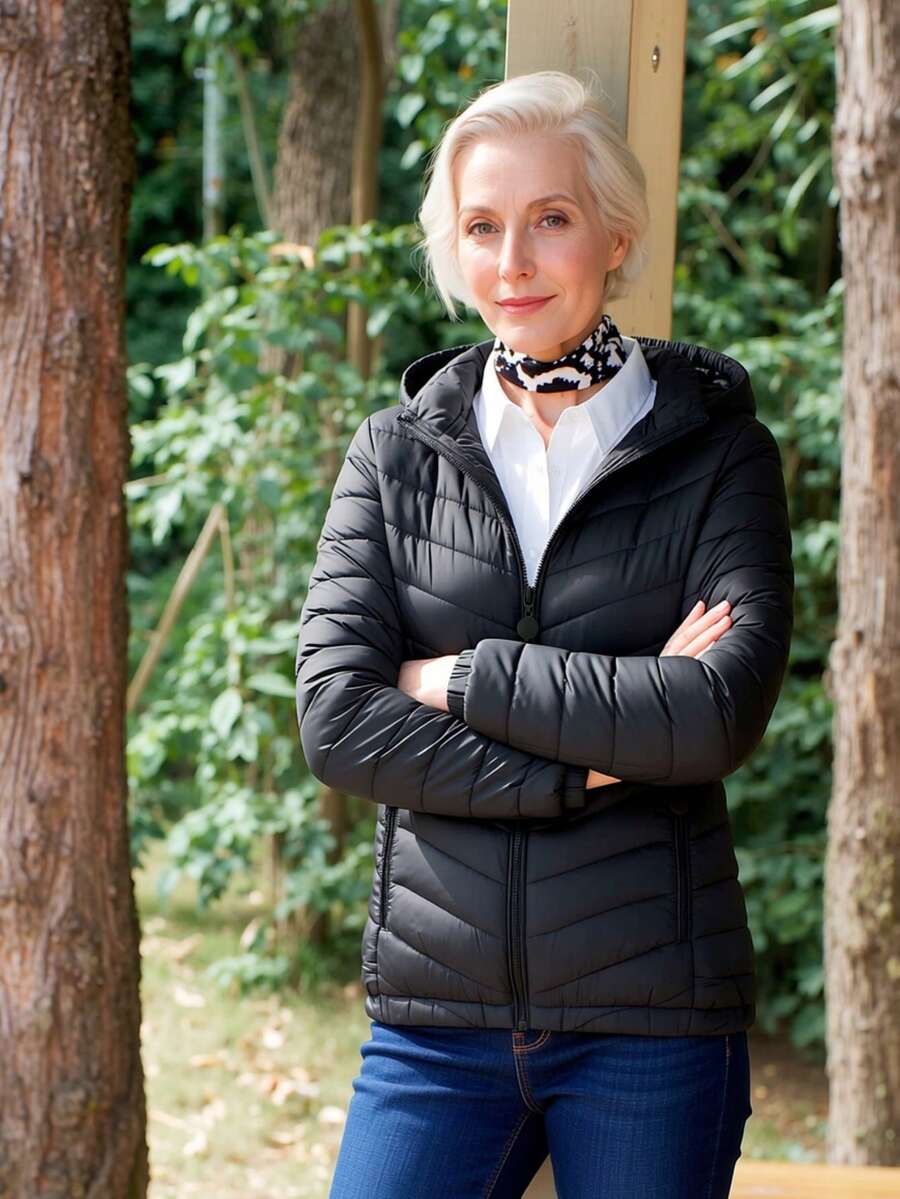 Risissida 女款極簡連帽加厚外套,附口袋,秋冬保暖羽絨夾克 - 黑色 - 查看 1